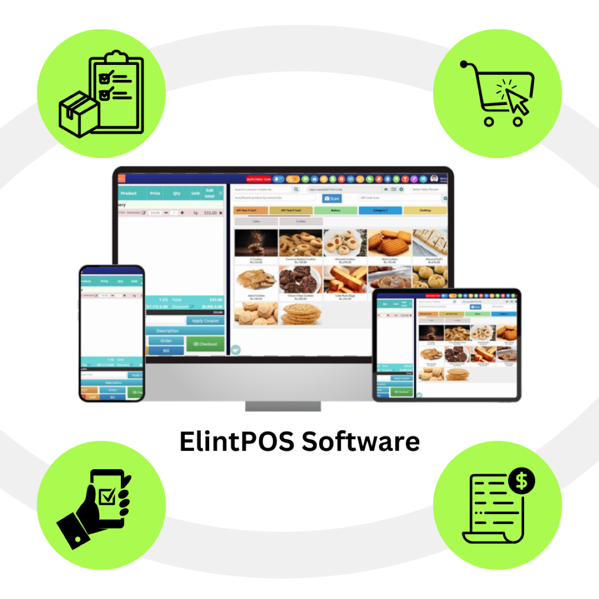 ElintOm POS billing screen with product search, quantity, barcode scan, and checkout
