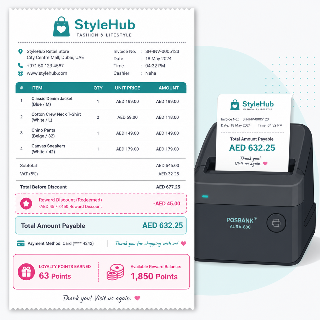 Retail invoice showing reward points balance and loyalty discount
