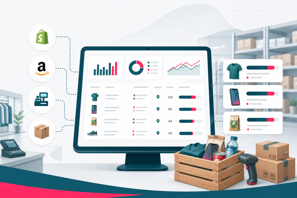 Inventory management software dashboard syncing stock across retail stores, Shopify, and Amazon